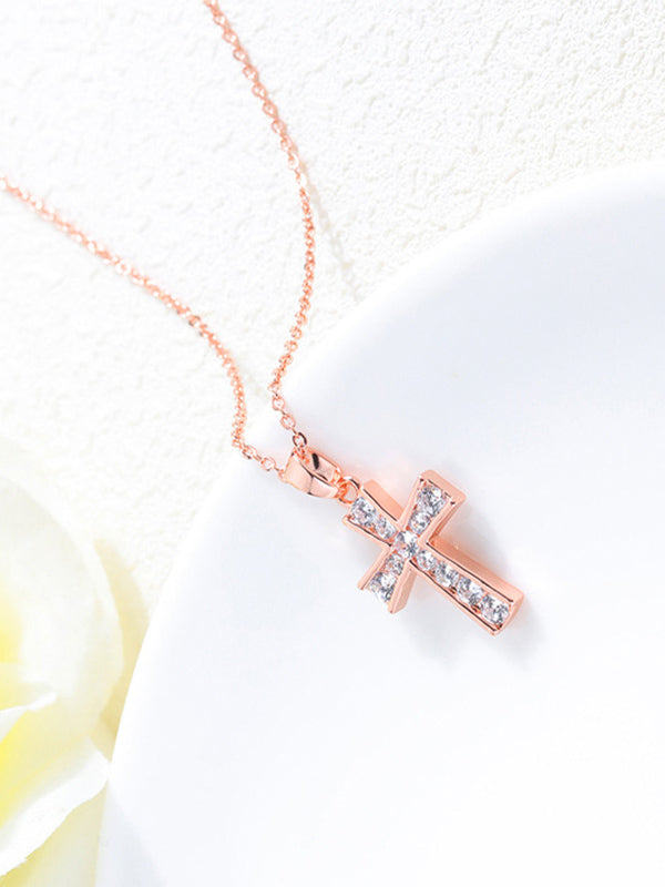 Copper Plated Gold Jewelry Women's Rose Gold And Diamond Cross Necklace