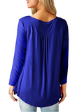 Pleated Button Loose Solid Color Women's V-Neck Long Sleeve T-Shirt