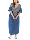 Plus Size V-neck Long Striped Stitching Denim Dress