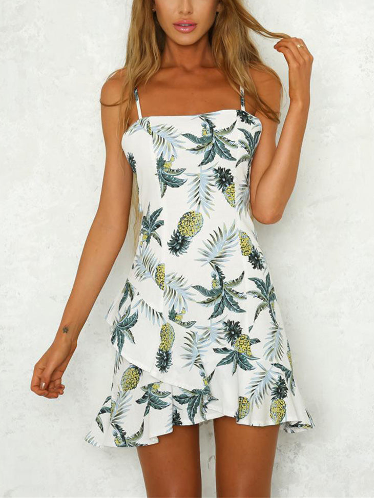 Sexy Open Back Lace-up Pineapple Print Sling Dress