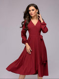 Spring and Autumn A-style Elegant Long Lantern Sleeves V-neck Sexy Casual Solid Color Women's Dress