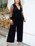 Mesh Stitching Long Sleeve Deep V Lace with High Waist Wide Leg Large Size Women's Jumpsuit Trousers