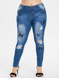 Plus Size Broken Embroidered Jeans Trousers