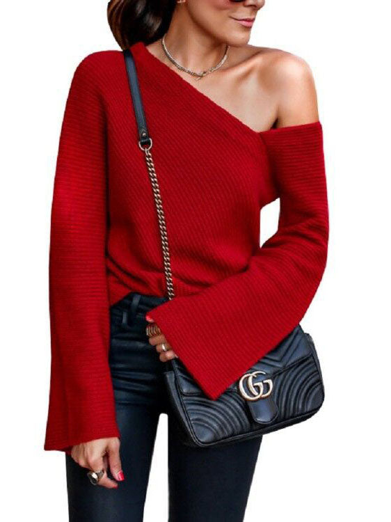 Ladies Sexy Word Shoulder Sweater Autumn and Winter Knitted Sweater