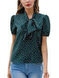 Lace Bow Neckline Top Small Fresh Print Polka Dot Court Lantern Sleeve Shirt