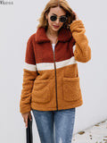Fashion Plush Colorblock Pocket Women's Jacket Coat