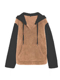 Original Design Autumn and Winter New Sexy V-neck Hooded Sweater Loose Hit Color Velvet Jacket