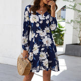 Printed Dress V-neck Sexy Backless Long Sleeve Ladies Dress