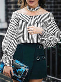 Sexy Word Collar Strapless Striped Long Sleeve Trumpet Sleeve Shirt