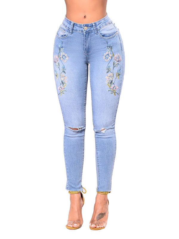 Embroidered Stretch Hole Hot Denim High Waist Pants Jeans