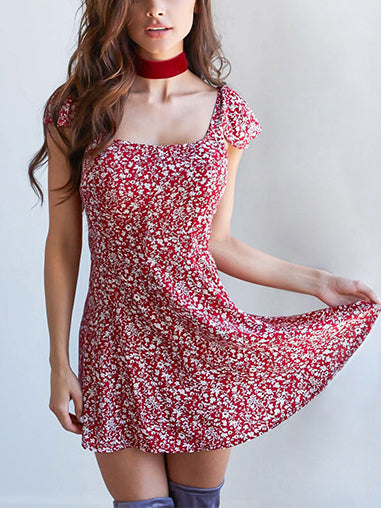 Small Floral Square Collar Open Back Dress