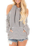 Sexy Off-the-shoulder Hooded Loose Long-sleeved Striped Sweater