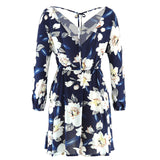 Printed Dress V-neck Sexy Backless Long Sleeve Ladies Dress