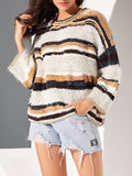 Sweater Striped Knit Casual Pullover Sweater Top Round Neck Flare Sleeve