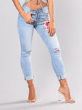 Color Embroidered Denim Stretch Ripped Jeans