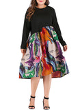 Plus Size Women's Round Neck Long Sleeve Stitching Print Dress