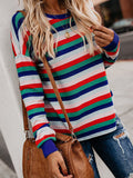 Autumn and Winter Loaded Rainbow Striped Long-sleeved Wild T-shirt Female